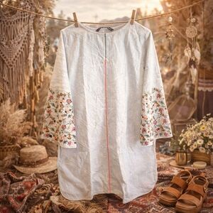 Beechtree Size 10 Loose Fit Boho Embroidered Dress Blue Floral Sleeve